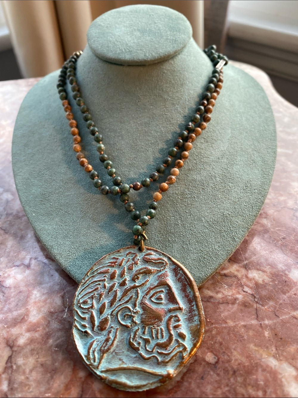 KBLITCH African Turquoise Jasper Neclace & Artisan Ceramic Pendant Double Sided